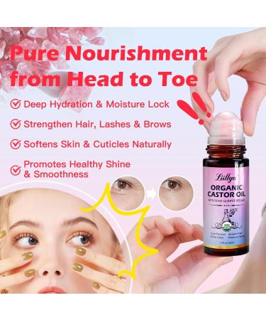 Liillya Organic Castor Oil Roll On with Rose Quartz Roller 100% Pure Cold-Pressed Hexane-Free Natural Moisturizer for Skin Hair Brows & Lashes | Amber Glass Bottle 50ml (1.7oz) - Buy Online on GoSupps.com