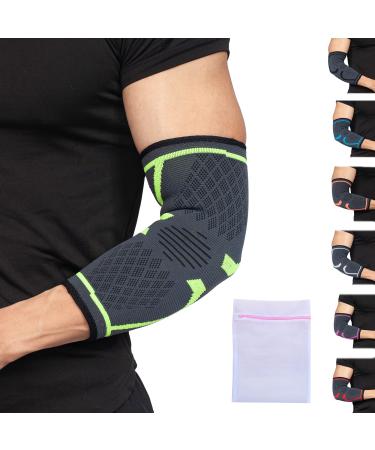 360 RELIEF - Compression Elbow Brace Sleeve for Men and Women Support | Splint Joint Pain Relief Tendonitis Tennis Golf Workout Weightlifting | Large Green with Mesh Laundry Bag | Green L
