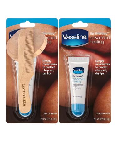 Vaseline Lip Therapy Lip Balm Tube 0.35 Oz - Intensive Healing Moisturizer For Dry Cracked Lips Long-Lasting Hydration With Jelly Portable - Bundle With Wooden Comb Pack Of 2