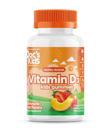Doctor's Best Doc's Kids Vitamin D3 Gummies All Natural Fruit Flavors 25 mcg (1000 IU) 60 Natural Fruit Pectin Gummies