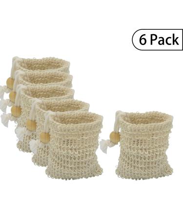 Bleu Bath (6 Pack) MINI Sisal Ramie Soap Saver Bag in 100% Natural and Organic Luffa Loofa Scrubber Exfoliating Loofah Pouch with Drawstring and Wooden Bead Holder
