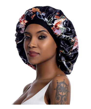 JarseHera Double-Layer Extra Silk Bonnet for Black Women Satin Bonnet for Curly Hair Black-chain Flower