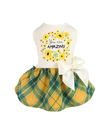 Fitwarm You are Amazing Floral Pet Dog Dress, Daisy Flower Clothes for Small Dogs Girl, Daisy Sleeveless Puppy Sundress, Cat Apparel for Summer, 100% Cotton, Plaid, Green Yellow, Small Small Amazing Plaid
