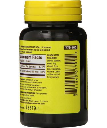 Mason Natural Vitamin K 100mcg Tablets - 100 Count - Buy Online on GoSupps.com