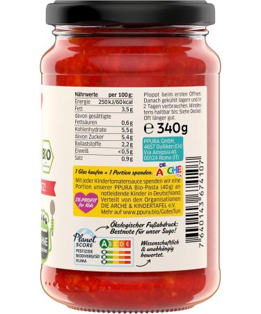 PPURA BIO Tomato Sauce for Kids - No Added Sugar 100% Natural Italian Made | Piece-Free Pasta Sauce | Donate a Portion | 340g Glass - Buy Online on GoSupps.com