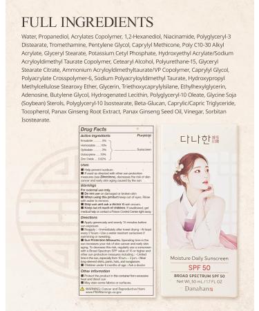 Danahan Moisture Daily Sunscreen SPF 50 Broad Spectrum No White Cast Lightweight Korean Face Sunscreen | Hybrid UV Protection with Ginseng & Niacinamide 1.7 oz - Buy Online on GoSupps.com