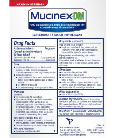 Mucinex DM 12Hr Maximum Strength - Chest Congestion & Cough Medicine for Adults | 1200mg Guaifenesin & 60mg Dextromethorphan HBr | Fast Mucus Relief | 14 Bi-Layer Tablets - Buy Online on GoSupps.com