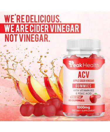 Peakhealth Apple Cider Vinegar Gummies with Vitamins - Delicious Apple Flavor for Women's Health Metabolism Support & Digestive Wellness 1000mg ACV with B12 B6 Folic Acid 60 Vegan Gummies - Buy Online on GoSupps.com