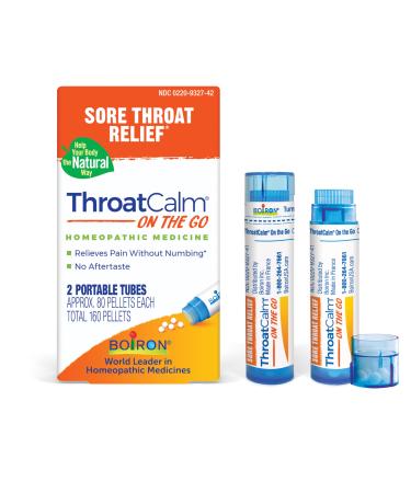 Boiron ThroatCalm On The Go Travel Essential for Relief of Sore Throat or Scratchy Red or Dry Throat and Hoarseness - 2 Count (160 Pellets) 80 Count (Pack of 2) Medication