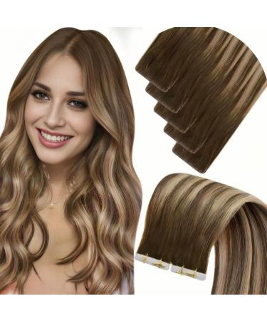 Laavoo injected tape in extensions real hair 50cm Seamless virgin tapes real hair extension brown ombre dark blonde 5pcs hair extension real hair tapes injection skin weft 12.5g #4/27/4 50cm virgin-5PCs 1.7 #4/27/4