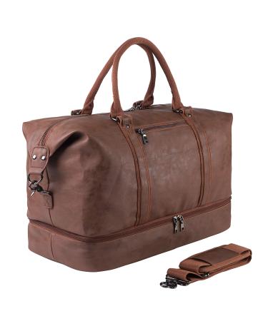 Leather Travel Bag with Shoe Pouch,Weekender Overnight Bag Waterproof Leather Large Carry On Bag Travel Tote Duffel Bag for Men or Women Brown