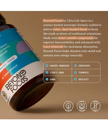 Ultra Life Sport - Beyond Focus Organic Mushroom Supplement - 30 Capsule Brain Supplements for Memory and Focus - 100% Vegan Non-GMO - Memory Booster with Bacopa Cordyceps & Lion s Mane - Buy Online on GoSupps.com