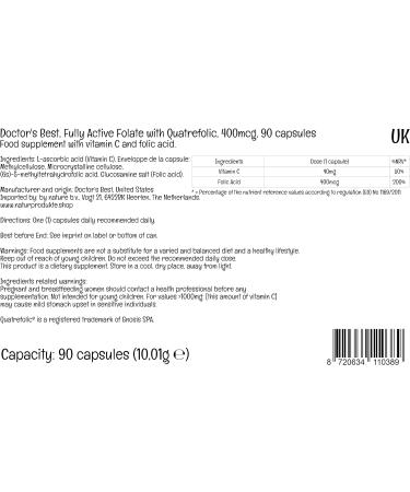Doctor's Best Fully Active Folate 400 mcg, 90 Vegan Capsules, Vitamin C, Gluten-Free, Non-GMO - Laboratory Tested and Highly Dosed - Buy Online on GoSupps.com