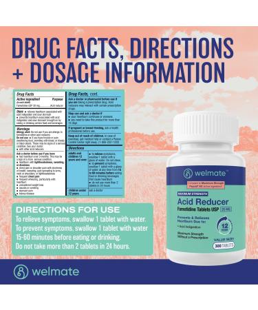 WELMATE Famotidine Acid Reducer 20mg - Maximum Strength Heartburn Relief - Fast 15-Minute Action - 12-Hour Stomach Relief - 300 Tablets Value Size - International Shipping Available - Buy Online on GoSupps.com