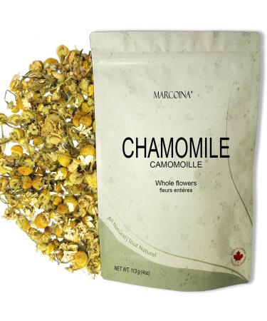 Pure Egyptian Chamomile Flowers Herbal Loose Tea by Marcoina - Whole Flower 113g in Resealable bag Caffeine-Free from Egypt - Perfect for Hot Brews - Known as Matricaria recutita - 4oz. Chamomile Egyptian Flower Whole 113 g (Pack of 1)