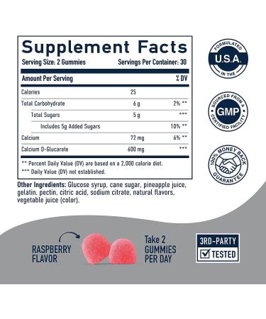 Calcium D-Glucarate Gummies 600MG for Hormone Balance, Clear Skin, Liver Health & Detox Support | Raspberry Flavored Non-GMO Gummy Supplement - 60 Ct - Buy Online on GoSupps.com