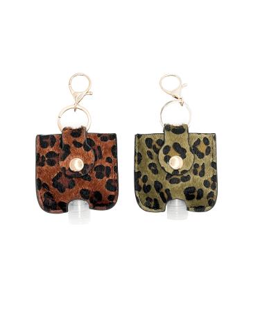 Set of 2 leopard print travel size hand sanitizer gel holders in vegan leather with refillable bottles (Moss & Rust)