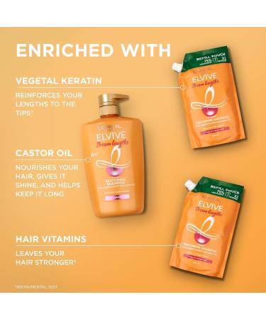 L Or al Paris Elvive Dream Lengths Shampoo XL 1L with 2x Refill Pouches 500ml for Long Damaged Hair Nourishing & Strengthening to Prevent Hair Breakage Enriched with Castor Oil - Buy Online on GoSupps.com