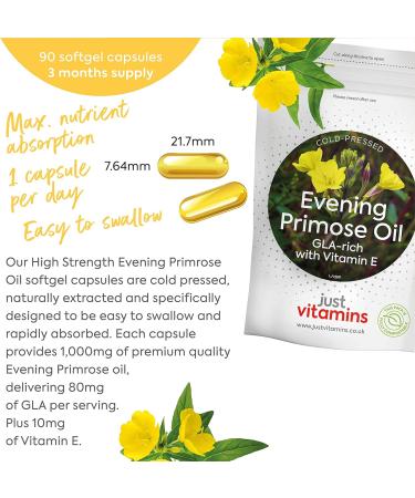 Evening Primrose Oil 1000mg x90 Soft Gel Capsules with Vitamin E | High Strength Omega 6 GLA Supplement (3 Month Supply) - Just Vitamins - Buy Online on GoSupps.com