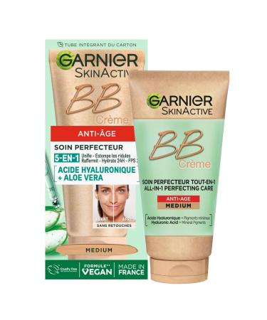 GARNIER Skin Active - BB Cream Anti-Aging - All-in-1 Perfecting Care - Firms & Hydrates - SPF 25 - Hyaluronic Acid & Aloe Vera - Vegan & Cruelty Free - All Skin Types - Medium Tint - 50 ml