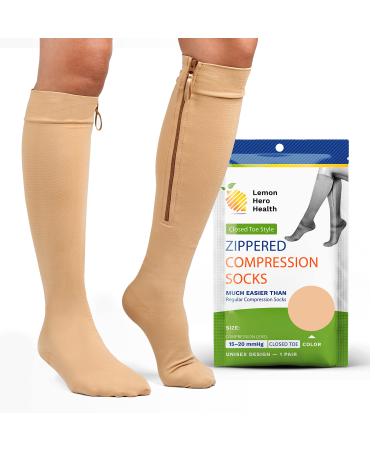 Zipper Compression Socks 15-20mmHg Closed Toe with Zip Guard Skin Protection - Medical Zippered Compression Socks for Men & Women – 3XL, Beige