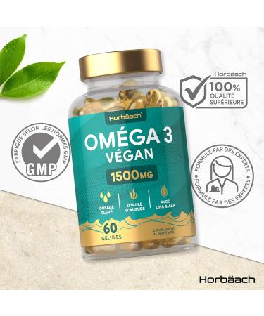 Omega 3 Vegan 1500mg | Algae Oil Derivative | Source of DHA & ALA | 60 Vegan Capsules | by Horbaach - Buy Online on GoSupps.com
