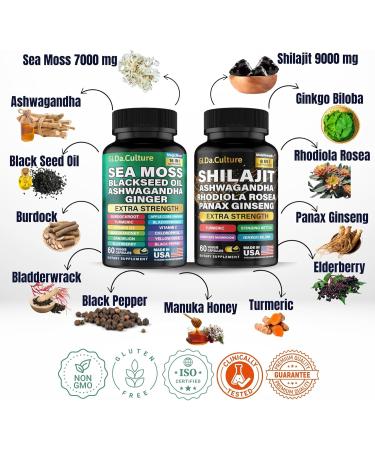 Shilajit and Sea Moss Combo - Sea Moss and Shilajit Bundle with Ashwagandha Black Seed Turmeric Bladderwrack Burdock Black Pepper with Vitamins and Antioxidants - 120 Veggie Capsules 60 Count (Pack of 2) - Buy Online on GoSupps.com