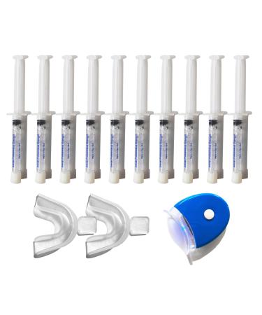 10 syringes of Non-peroxide teeth whitening gel and a LED Light to speed up the chemical reaction of the gel.