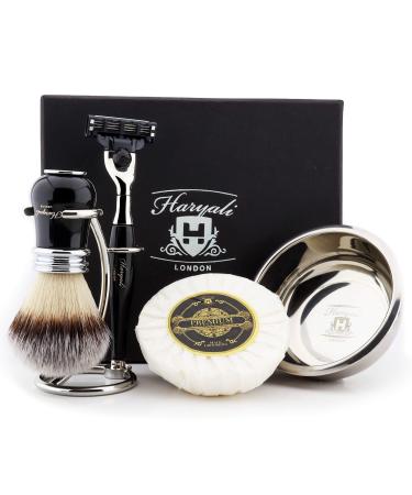 Haryali London luxurious shaving set for men 3 razors shaving brush made of synthetic roof hair stand soap and bowl black