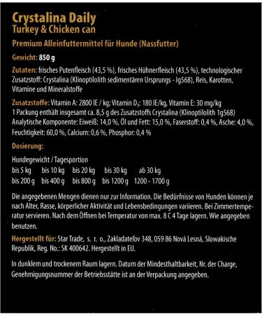 Crystalina Daily Premium Adult Dog Food with Turkey and Chicken | Canned Dog Food | High Meat Content up to 87% | Wheat Free | 3 Pack (3 x 850 g) - Buy Online on GoSupps.com