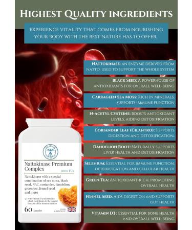 Complementary Supplements Nattokinase 2000FU Premium Complex with Black Seed Cilantro NAC Sea Moss Dandelion - Vegan 60 Capsules - Buy Online on GoSupps.com