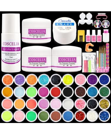 COSCELIA Acrylic Nail Kit 36 Colors of Glitter Acrylic Powder and Professional Liquid Monomer Set 5 Pcs Acrylic Nail Brush French Nail Forms Tips Rhinestones Manicure Tools for Acrylic Nail Starter 4