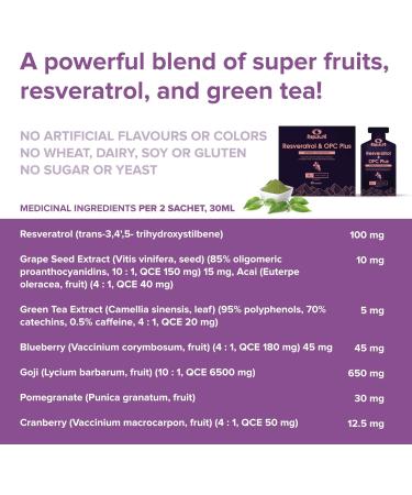 Resveratrol Antioxidant Supplement- OPC Plus- Trans Resveratrol for Excellent Skin Health and Heart Circulation Liver with Grape Seed Green Tea Extract Goji and Pomegranate - 30 Sachets - Buy Online on GoSupps.com