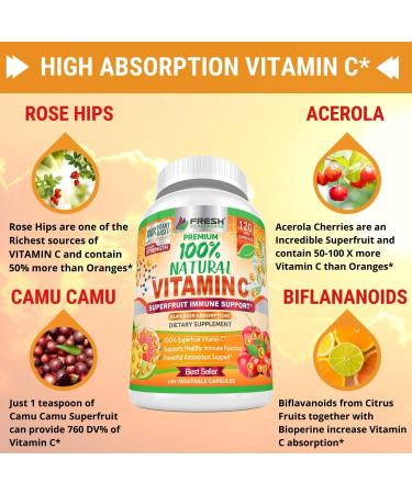 Natural Vitamin C Capsules - Rose Hips Acerola Cherry Camu Camu - 500mg - Immune Support & Collagen Booster - 120ct - Buy Online on GoSupps.com