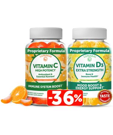 Lunakai Vitamin C and Vitamin D3 Gummies Bundle - 300mg Organic Non-GMO Vegan Chewable Gummy - Immunity Bone and Mood Support Supplement for Adults