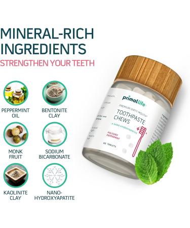 Primal Life Organics Dirty Mouth Toothpaste Chews - Nano-Hydroxyapatite Whitening Vegan Tablets - Gluten Free Paleo - Polished Peppermint Jar - Buy Online on GoSupps.com