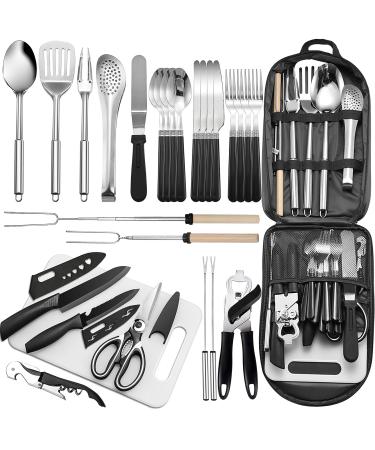 Portable Camping Kitchen Utensil Set-27 Piece Cookware Kit, Stainless Steel Outdoor Cooking and Grilling Utensil Organizer Travel Set Perfect for Travel, Picnics, RVs, Camping, BBQs, Parties and More black