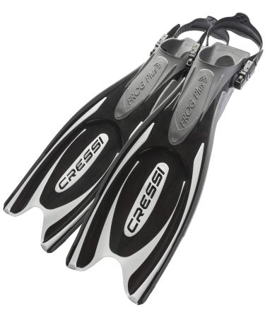 Cressi Adult Powerful Efficient Open Heel Scuba Diving Fins | Frog Plus: made in Italy Black/Silver L/XL | US Mens' 10/13 | US Lady 11/14 | EU 44/47