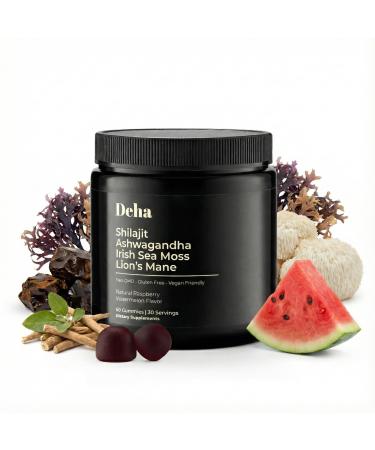 Deha Shilajit Gummies for Men & Women with Ashwagandha, Irish Sea Moss, Lion s Mane, Beet Root & Black Seed Extract Raspberry Watermelon Flavor Vegan, Non-GMO, Gluten-Free 60 Gummies