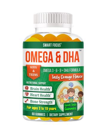Focus Supplement for Teens & Kids Brain Focus Gummies for Concentration Memory Clarity & Attention | Omega DHA Plant-Based 60 Gummies | Teen Brain Vitamins & Kids Focus Vitamins Fish-Oil-Free