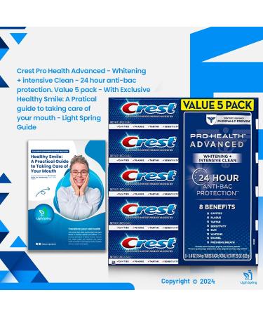 Crest Pro-Health Advanced White Toothpaste (5.8 oz 5 pk) - Teeth Whitening Kit with Gift Bundle: Smile Light Spring Guide Squeezer & No-Mess Caps | International Shipping Available - Buy Online on GoSupps.com