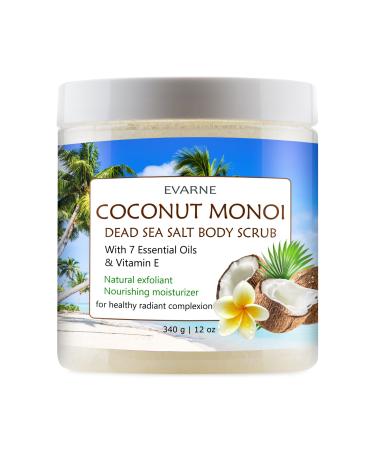 Coconut Monoi Dead Sea Salt Body Scrub with 7 Essential Oils and Vitamin E