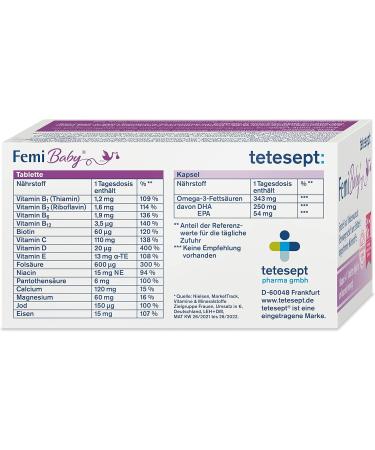 Tetesept Femi Baby: 16 Essential Nutrients for Fertility Pregnancy & Breastfeeding - Folic Acid Iron Iodine & DHA - Monthly Pack of 30 Tablets & 30 Capsules - Buy Online on GoSupps.com