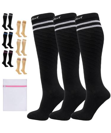 360 RELIEF - Flight Compression Socks Supports | Blood Circulation Travel Work L-XL 3Pairs-Black with 2 White lines
