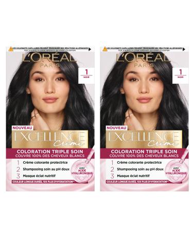 L'Or al Paris Teinte Permanente Excellence Cr mes 1 Noir Coloration Triple Traitement Longue Dur e avec Acide Hyaluronique Couverture 100% Cheveux Blancs - 2 Teintes