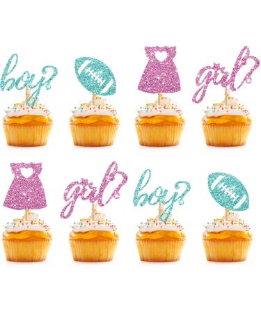 Boy Or Girl Cupcake Toppers Pink & Blue Glitter Baby Shower Cupcake Picks Dress Or Rugby/He Or She Cake Decorations for Gender Reveal/First Birthday Party - 24pcs