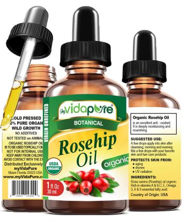 MYVIDAPURE Organic ROSEHIP OIL Certified Organic WILD GROWTH RAW Pure VIRGIN UNREFINED for Face, Body, Hair and Lip Care (1 Fl Oz) 1 Fl Oz (Pack of 1)