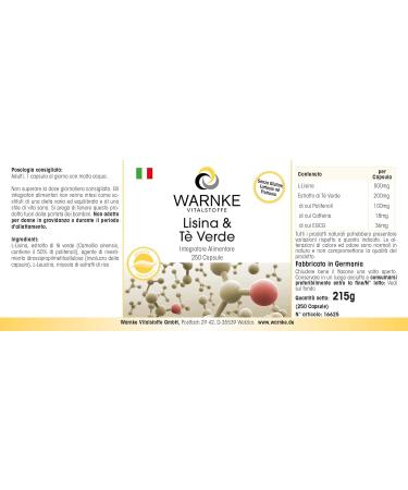 Lysine and Green Tea 500 mg L-Lysine 200 mg - Green Tea Extract - 250 Capsules - Vegetarian - 50% Polyphenols | Warnke Vitalstoffe - Quality from German Pharmacies - Buy Online on GoSupps.com
