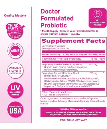 Pink Stork Prenatal Probiotics for Women - Vitamin B6 Prebiotics Morning Sickness Gut Microbiome Pregnancy Probiotic Immune Support Pregnancy Must Haves - 60 Capsules Unflavored 30 Count (Pack of 2) - Buy Online on GoSupps.com