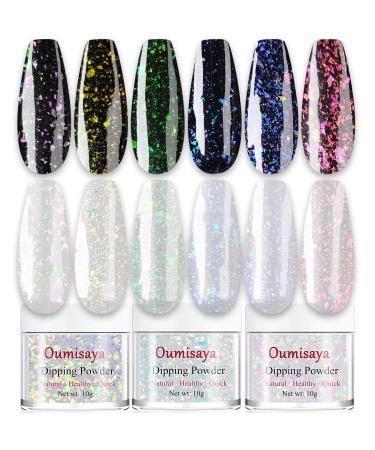 Sparkle Holographic Clear Glitter Nail Dip Powder Starter Kit 6 Colors Set with Opal foils Easy to use for Starters Perfect Top Coat for Black Nail Art (Dip Liquid Set Not Included) SG062